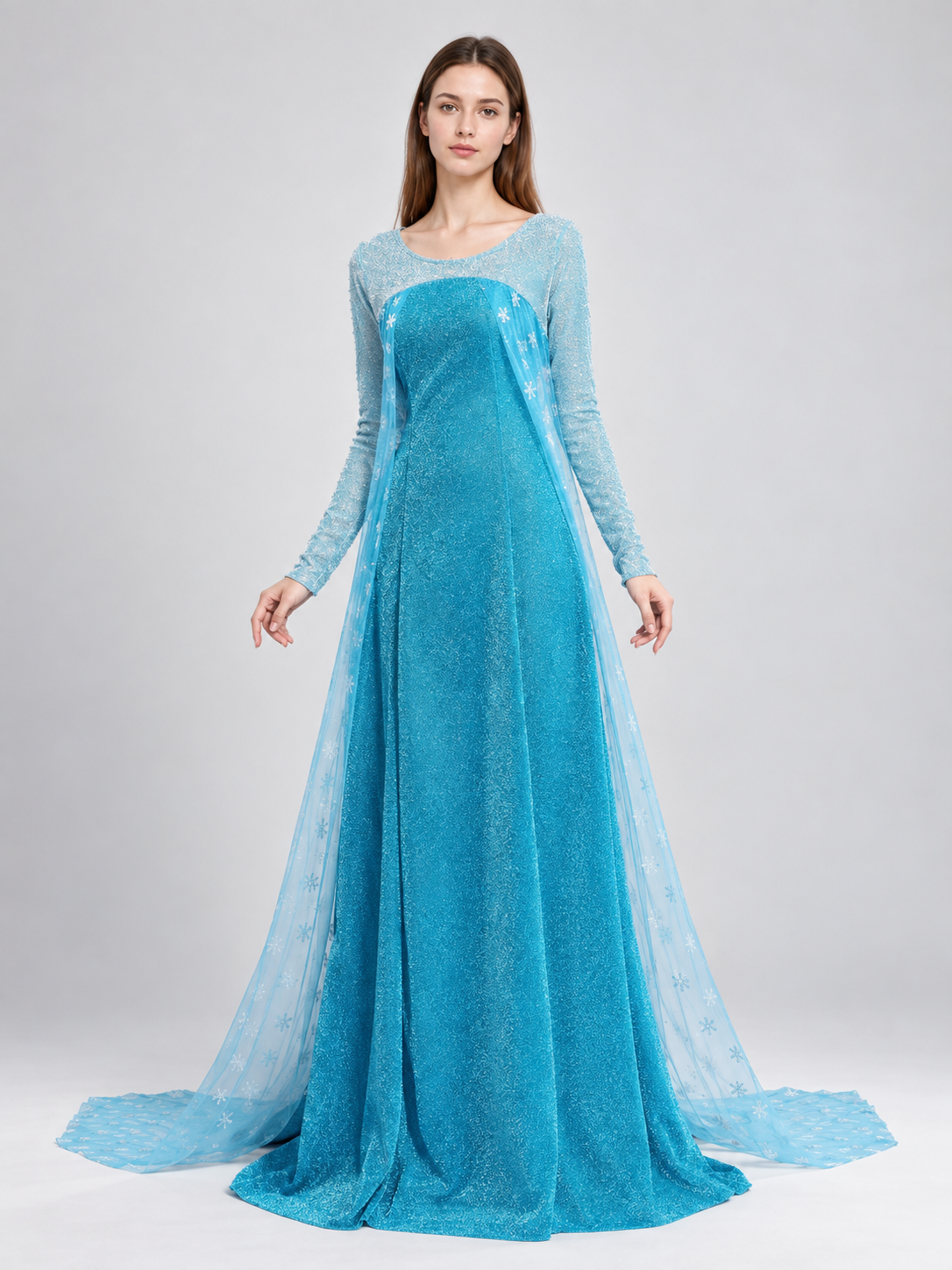 Turquoise Floor-Length Dress with Translucent Panels Costume Dresses detail