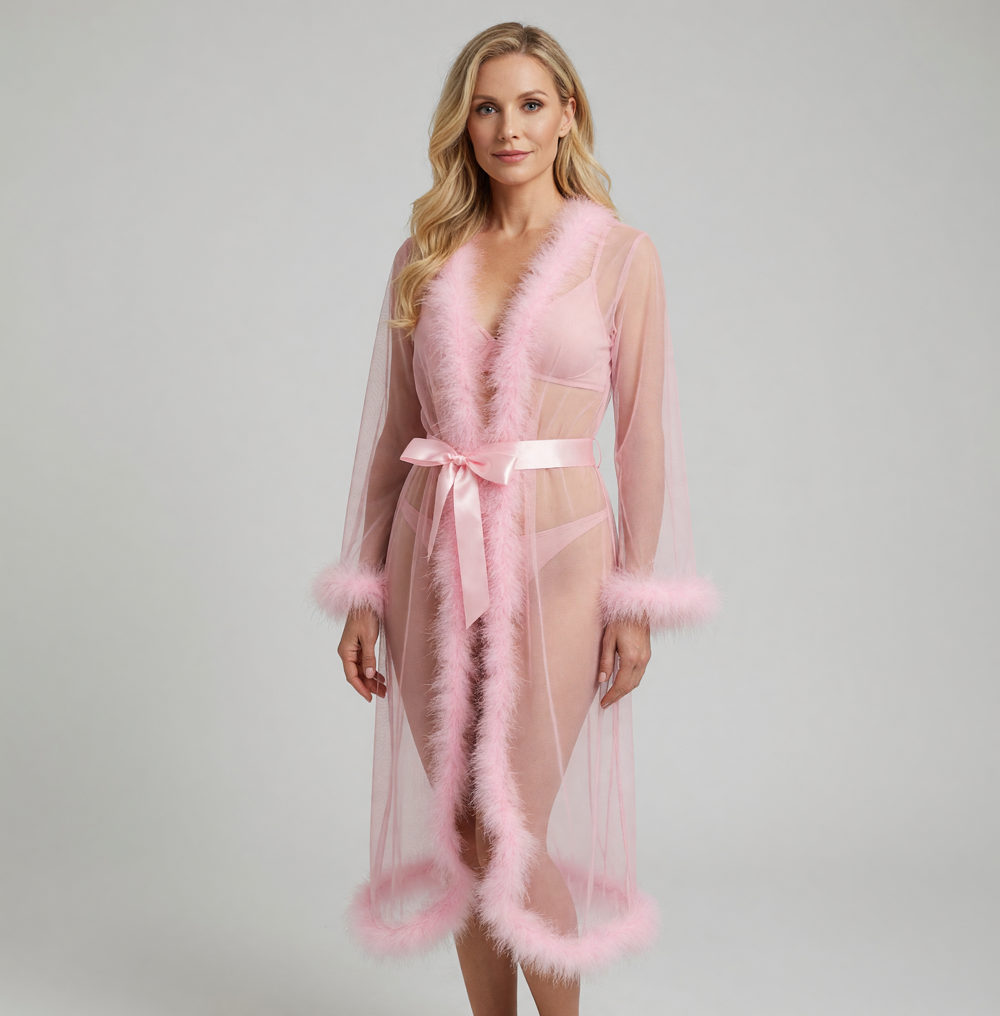 Open-Front Long Robe with Fluffy Trim
