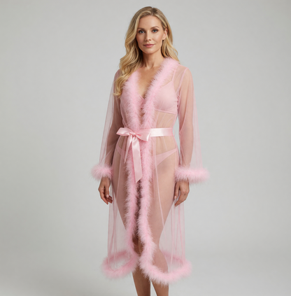 Open-Front Long Robe with Fluffy Trim