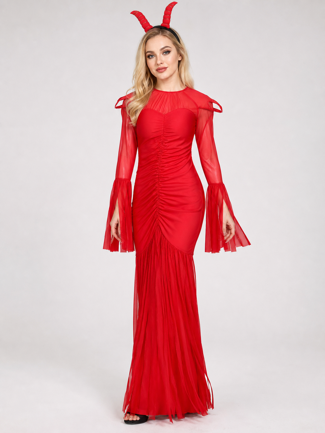 Demon Costume with Horns, Red Mesh Dress