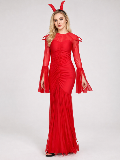 Demon Costume with Horns, Red Mesh Dress