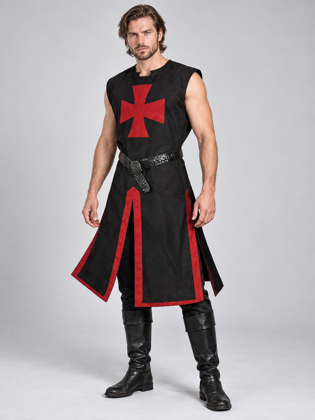 Medieval Cosplay Tunic Black with Red Cross