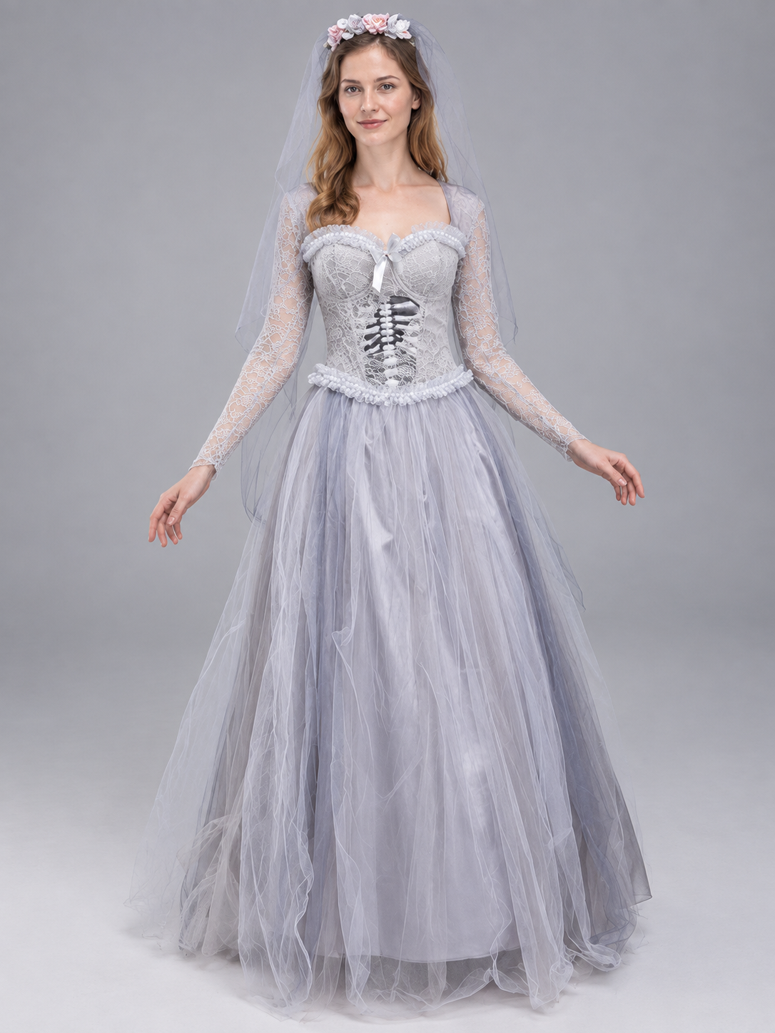 Carnival costume with dress, wreath, and veil, light gray