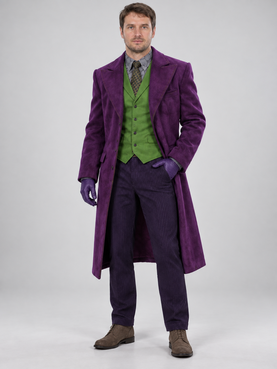 Joker Cosplay Costume: Coat, Vest, Shirt, Pants