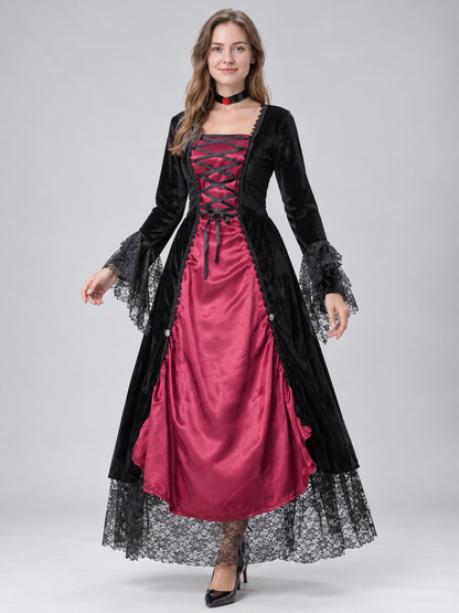 Black and Burgundy Carnival Dress with Lace and Lacing