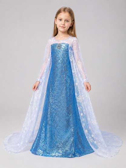 Floor-Length Dress with Snowflakes, Blue Embellishments, and a Train Costume Dresses detail