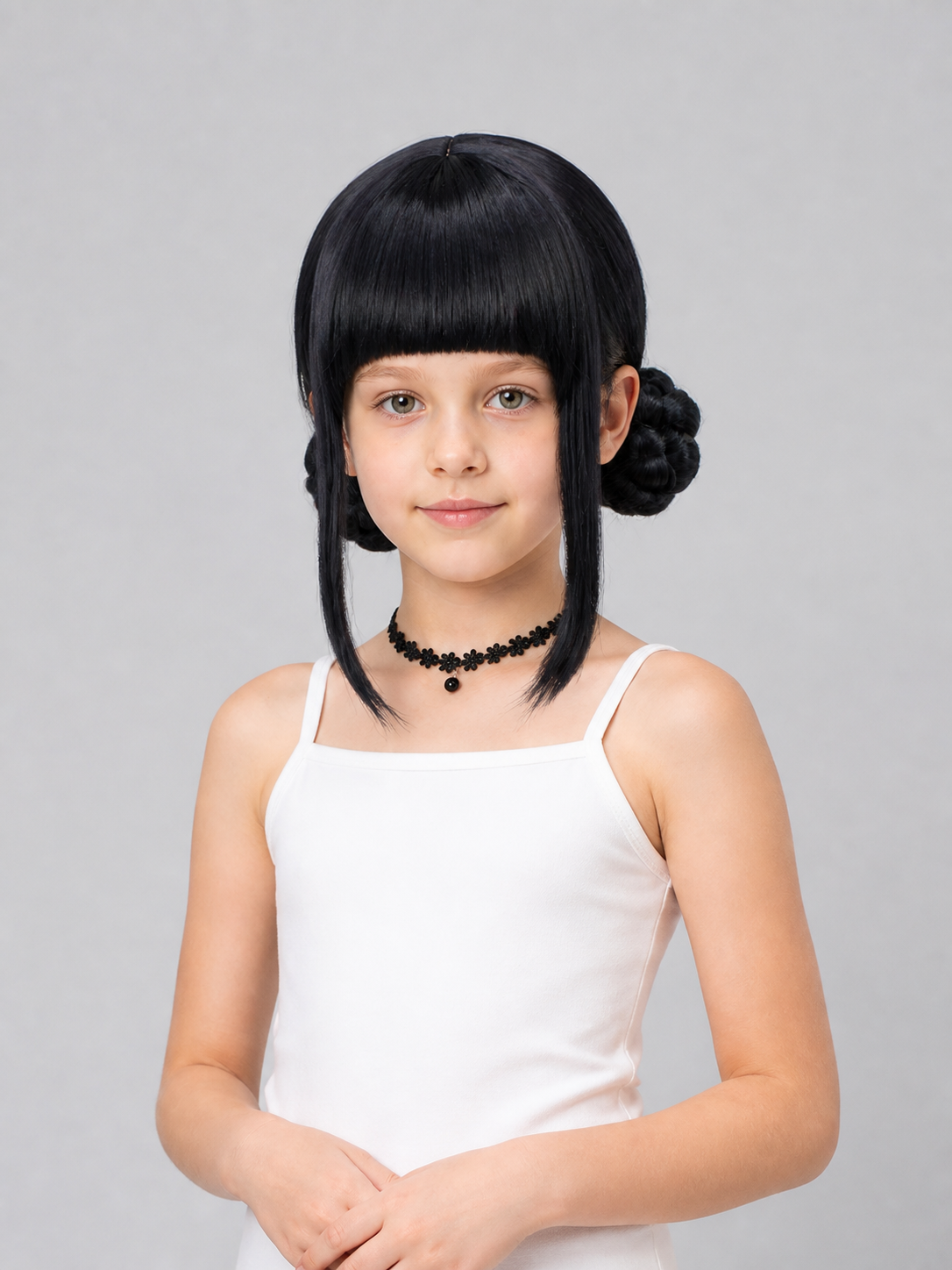 Black Carnival Wig with Buns for Halloween and Cosplay Costume Wigs detail