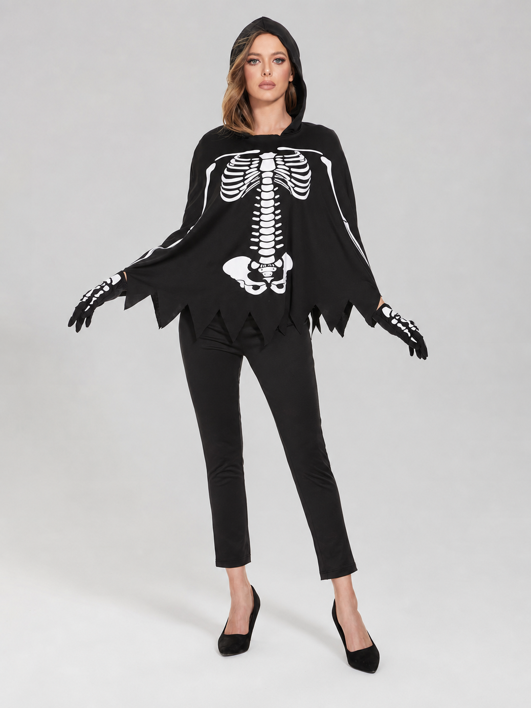 Hooded Cloak Costume with White Skeleton Print for Cosplay