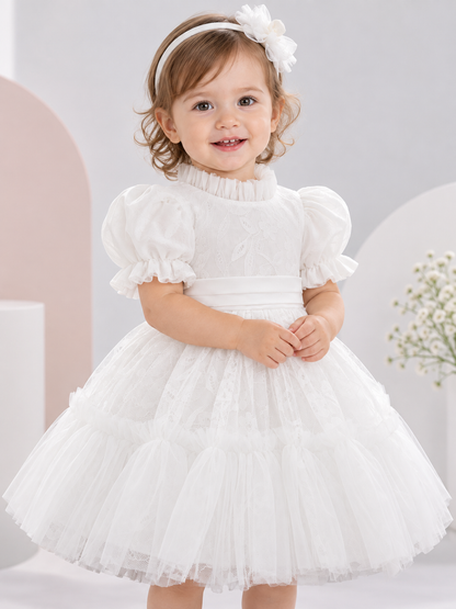Girls' Dressy White Dress with Lace and Bow
