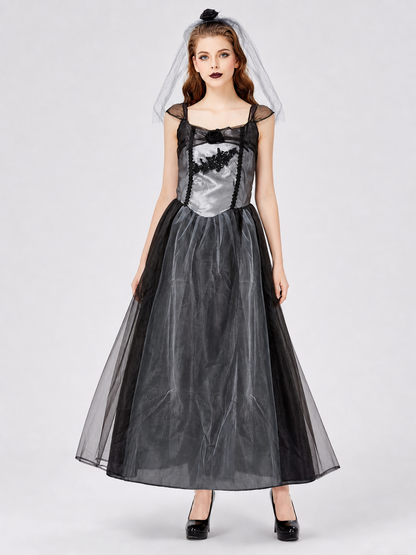 Long Gothic Gray-and-Black Dress with a Rose