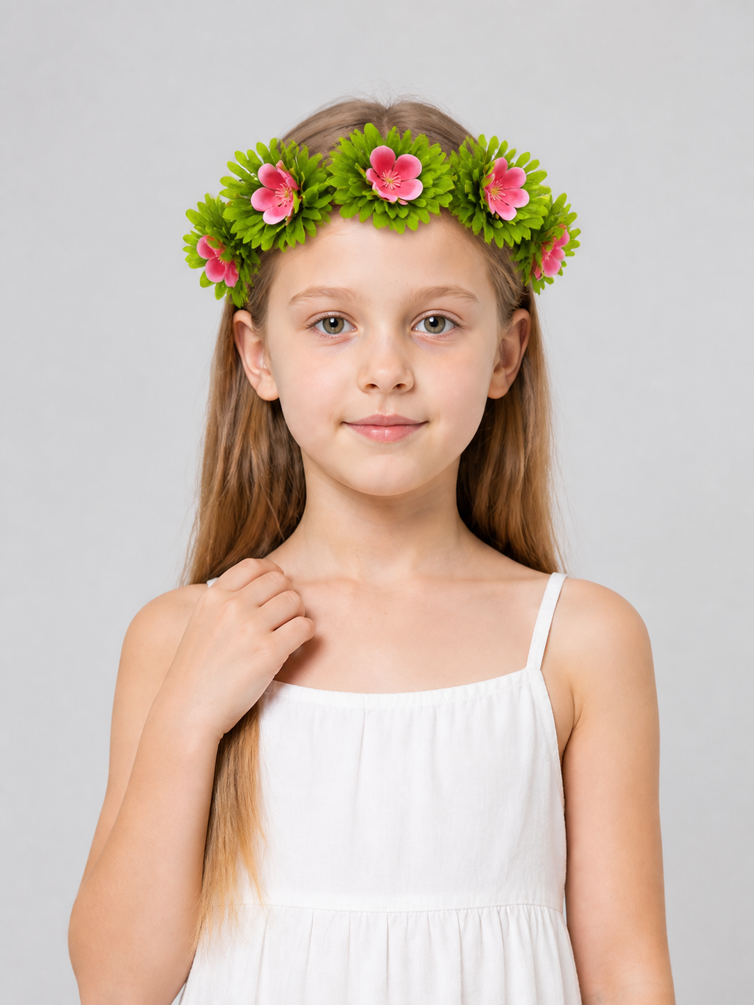 Carnival Headband with Pink Flowers and Green Leaves Costume Headwear detail