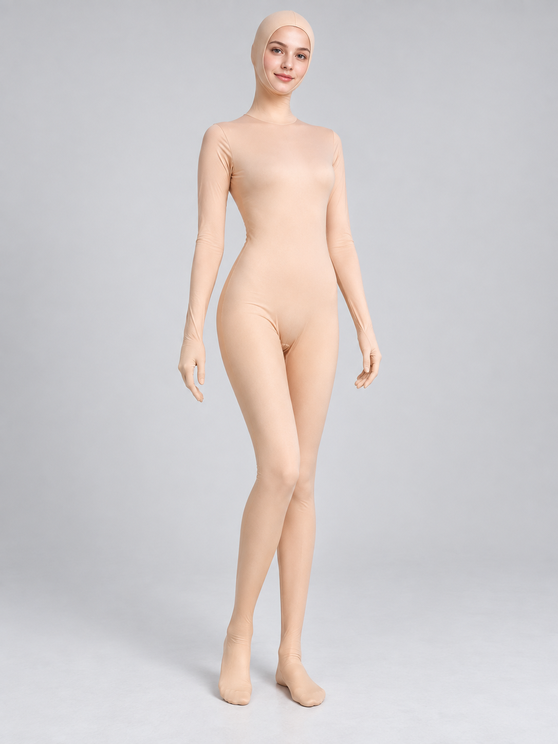 Flesh-Tone Form-Fitting Jumpsuit with Face Opening