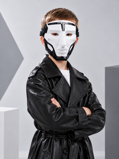 White Glossy Face-Shaped Mask with Black Accents