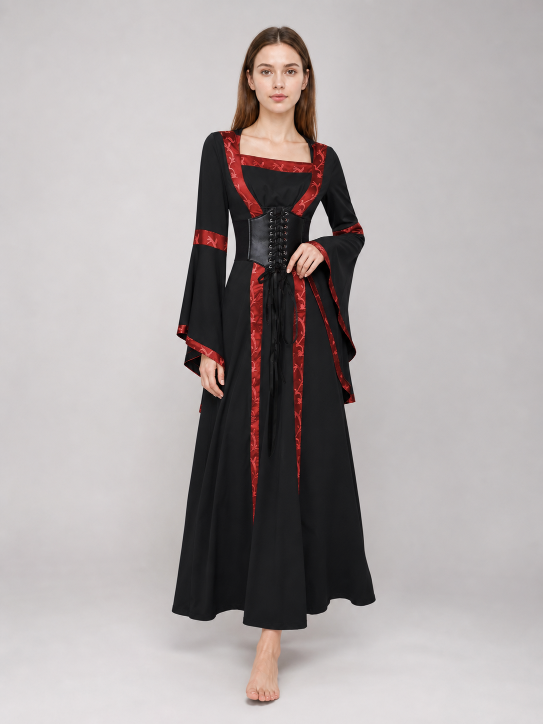 Black Gothic Hooded Dress with Lace-Up Detail
