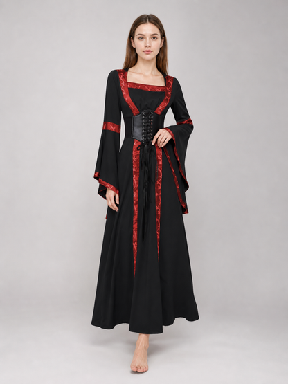 Black Gothic Hooded Dress with Lace-Up Detail
