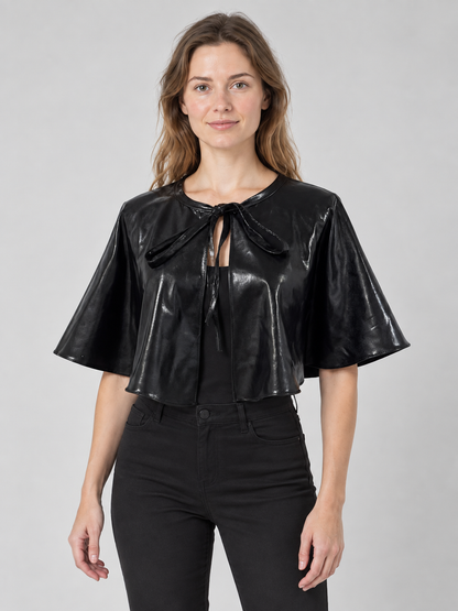 Short black shiny cape with ties
