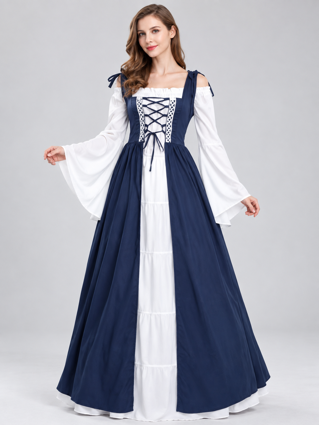 Medieval Floor-Length Dress with Long Sleeves and Lacing
