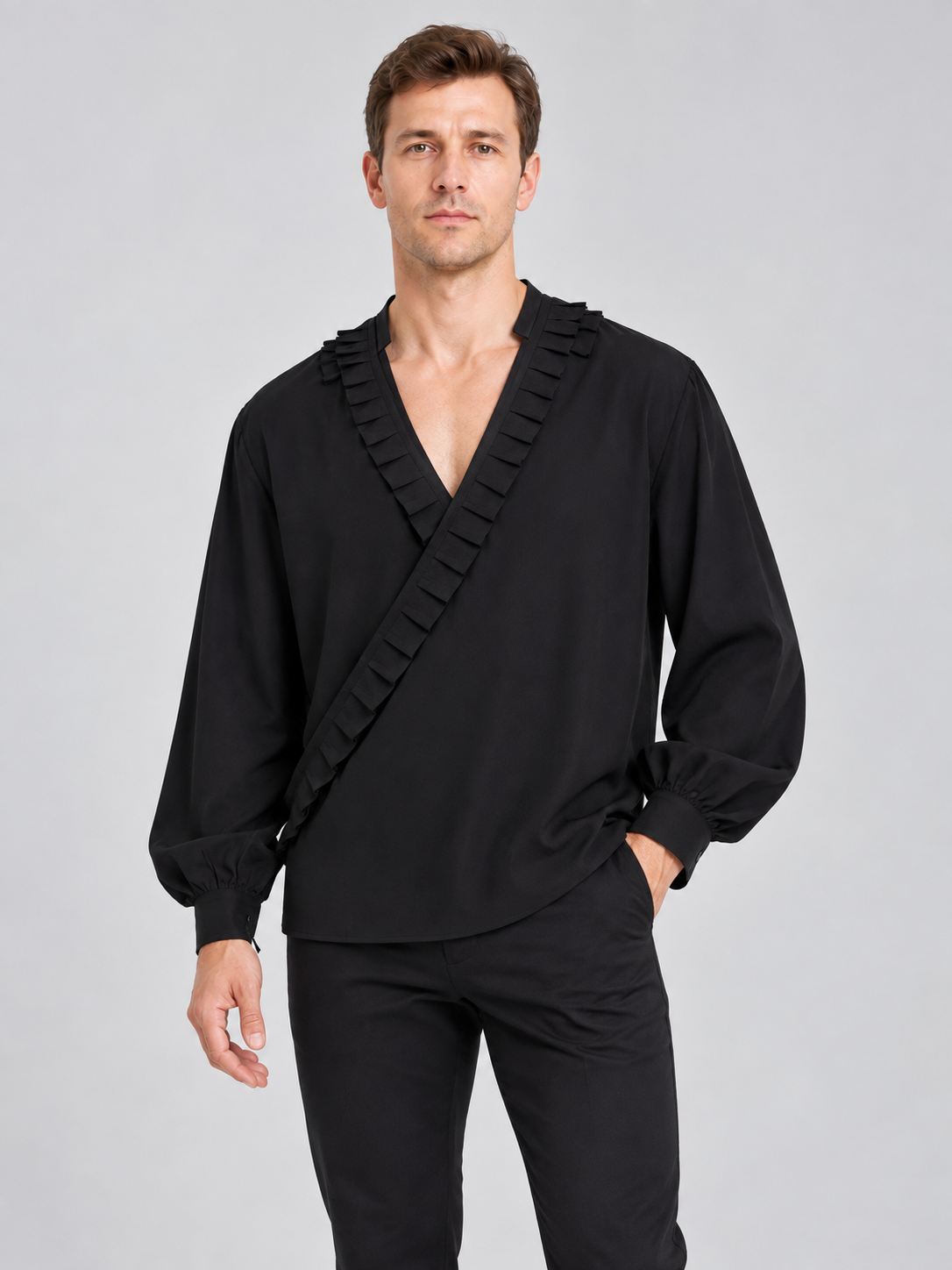 Black Shirt with Asymmetric Placket and Ruffles