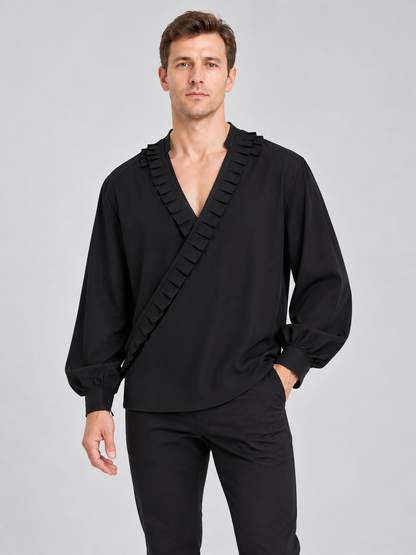 Black Shirt with Asymmetric Placket and Ruffles