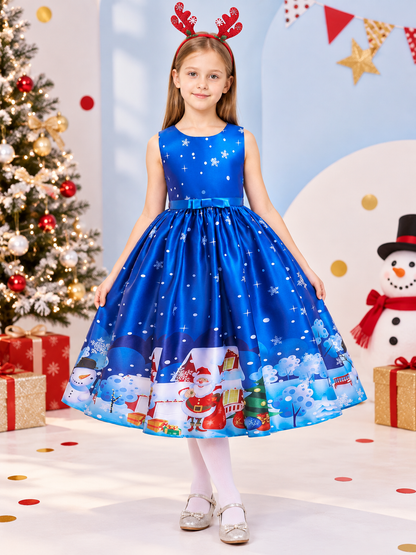 Blue children's holiday dress with Christmas print