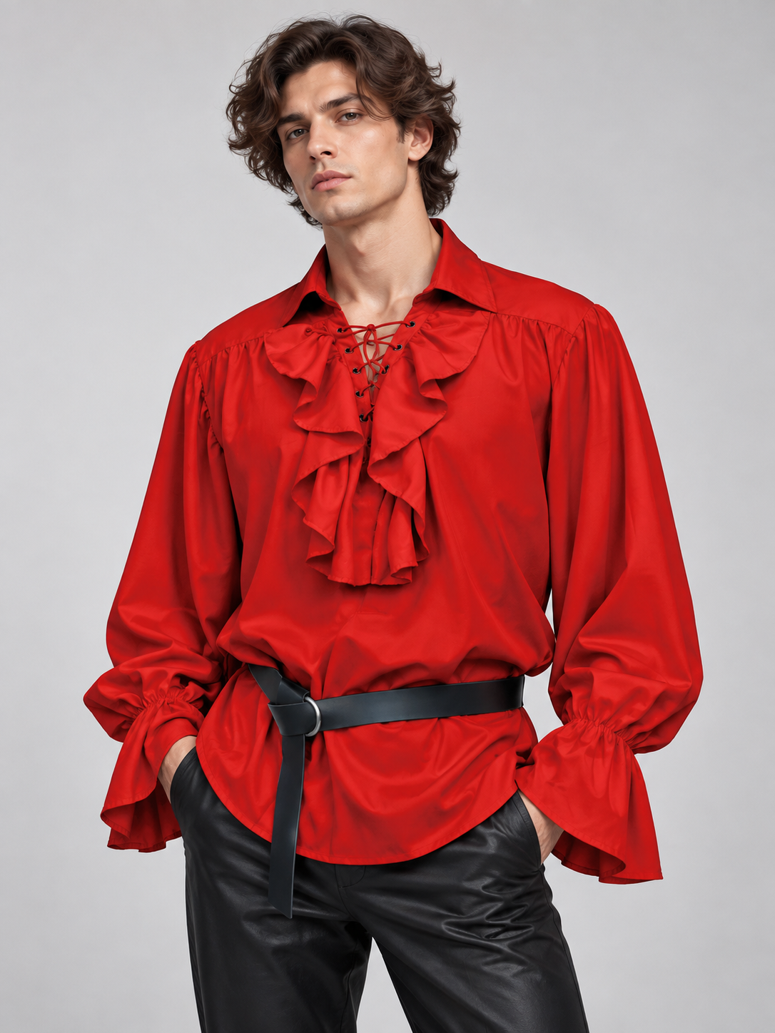 Red shirt with a jabot and lacing, puffy sleeves