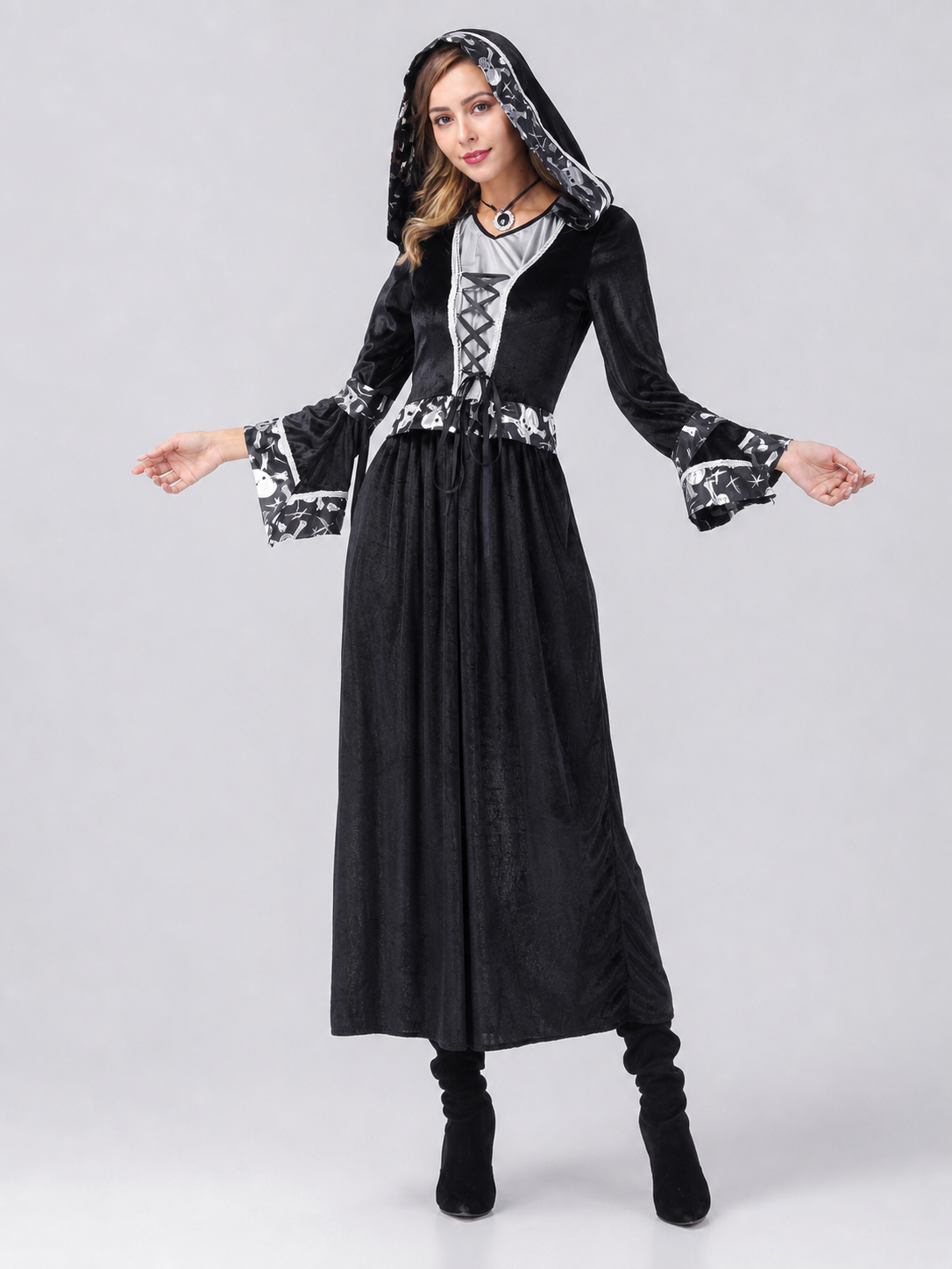 Black Hooded Witch Costume for Cosplay and Halloween