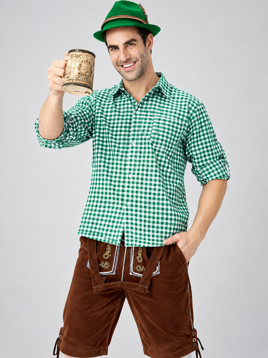 Green and White Plaid Shirt for Oktoberfest