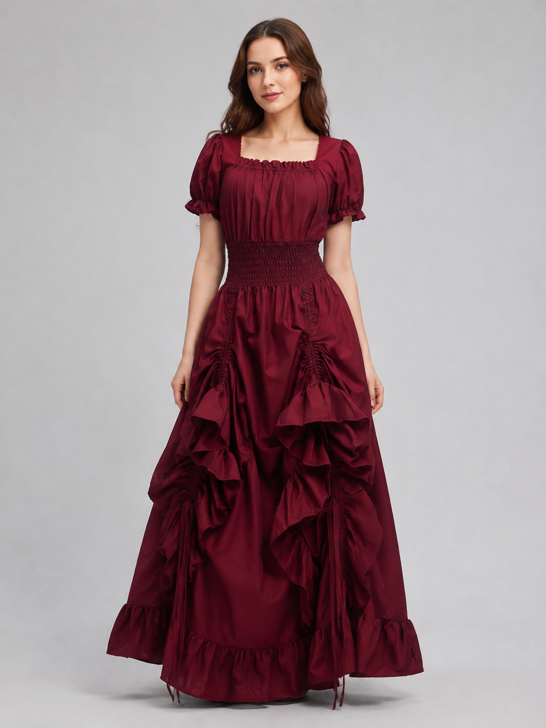 Long Burgundy Dress with a Square Neckline Costume Dresses detail