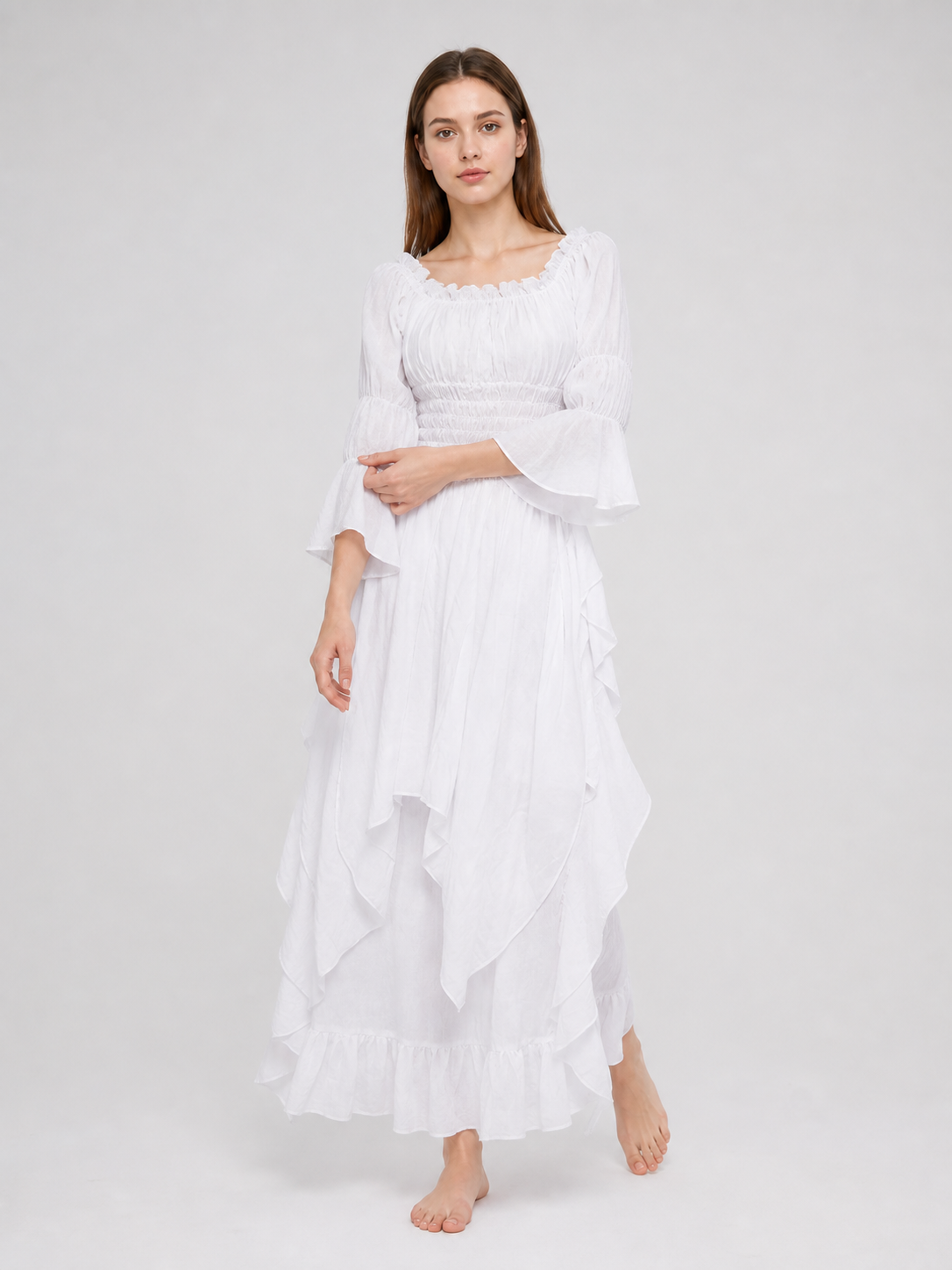 Long Dress with Lace Sleeves and Ruffles