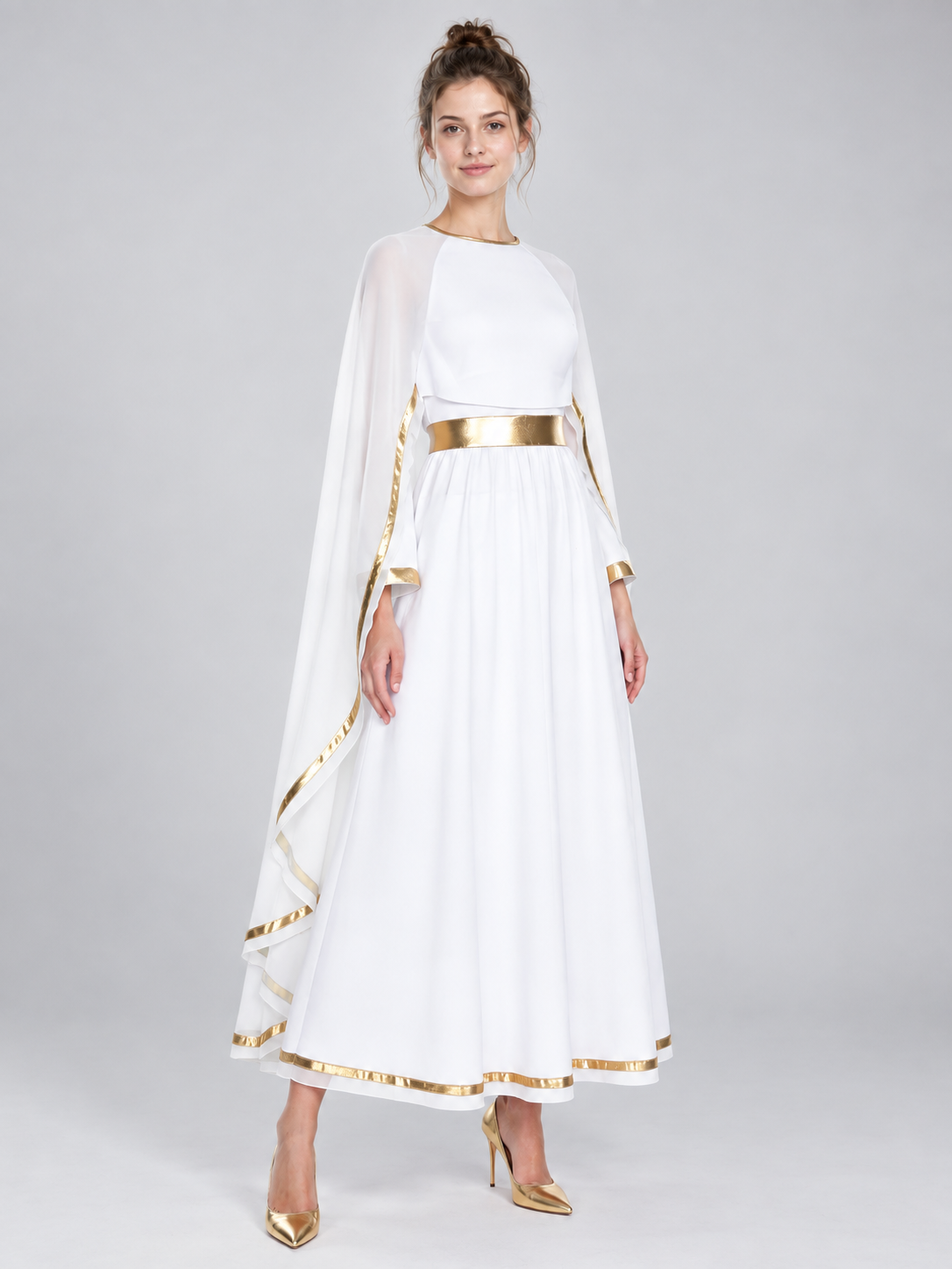 Floor-Length Dress with Gold Trim and Cape