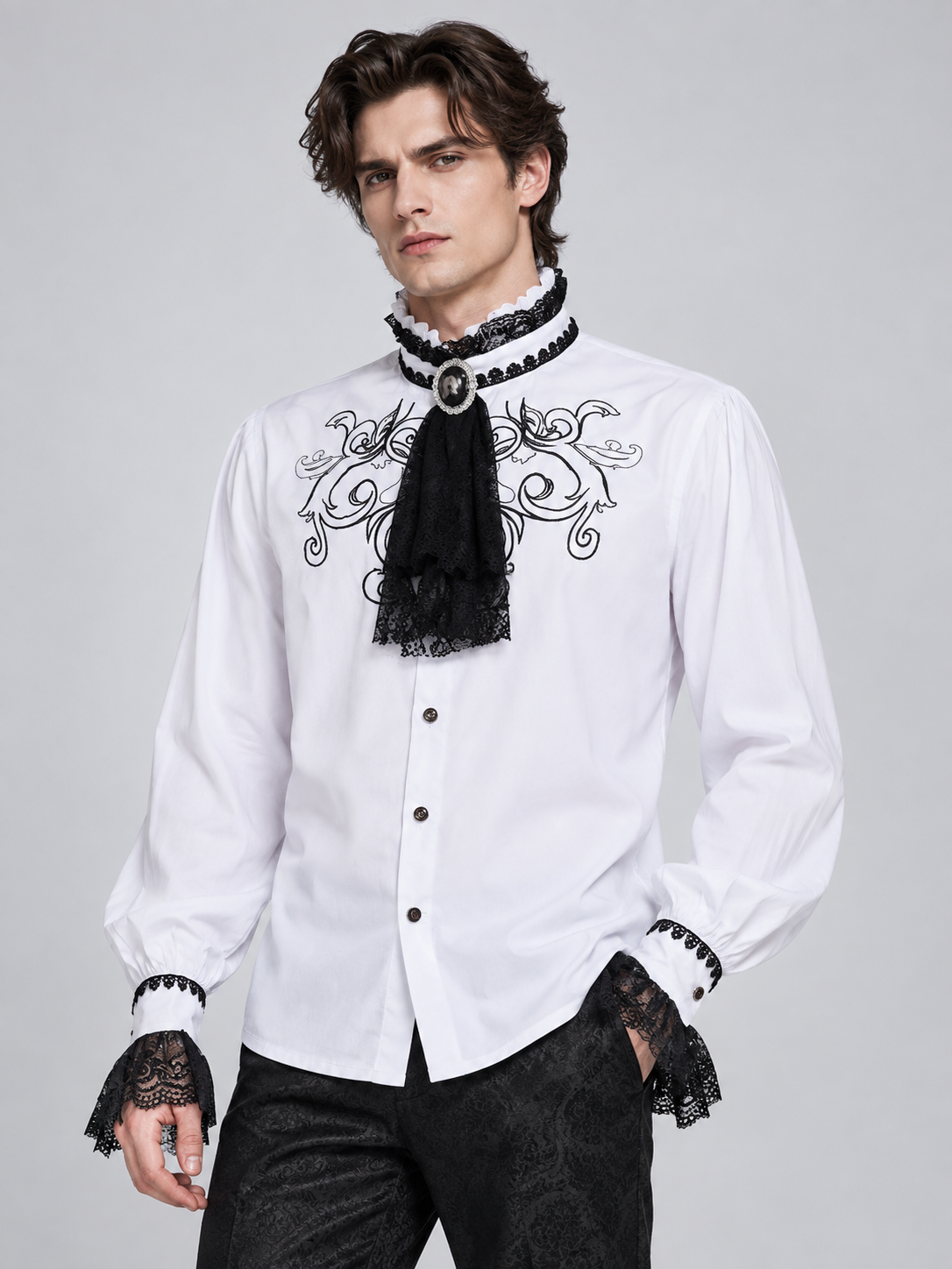 White Gothic-Style Shirt with Lace and Jabot