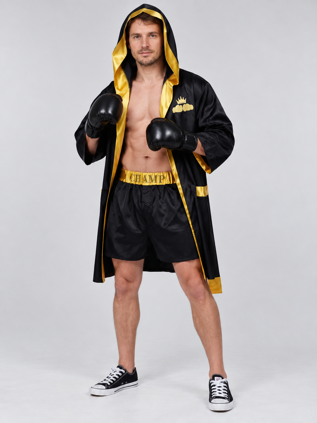 Black Boxer Costume with Gold Trim and Hood