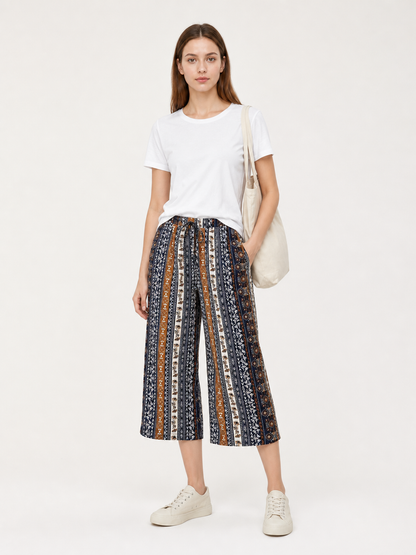 Bohemian High-Waist Wide-Leg Drawstring Pants with Multi-Color Vertical Stripes on-model front view