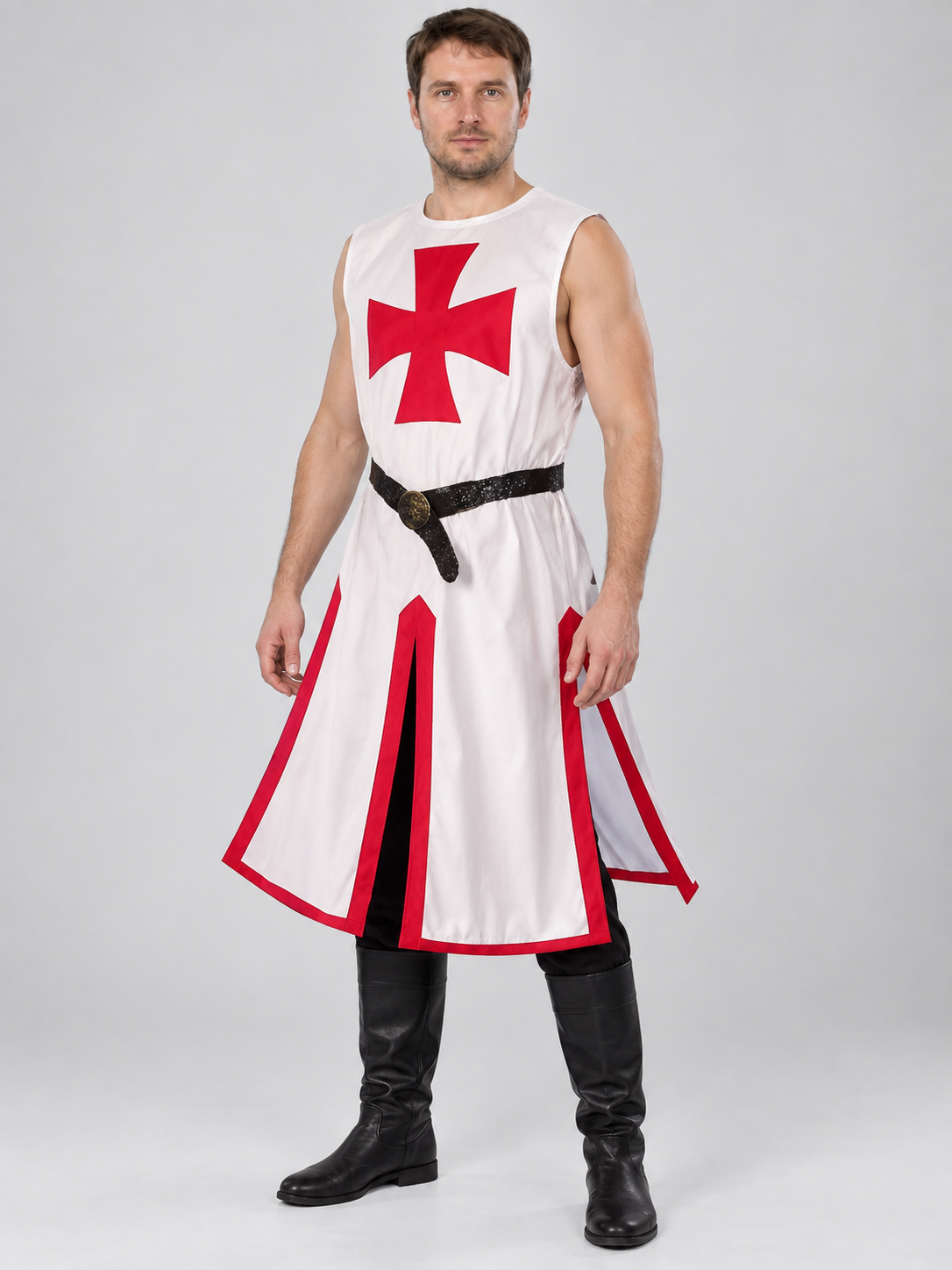 Crusader Costume: Red Sleeveless Tunic with Belt