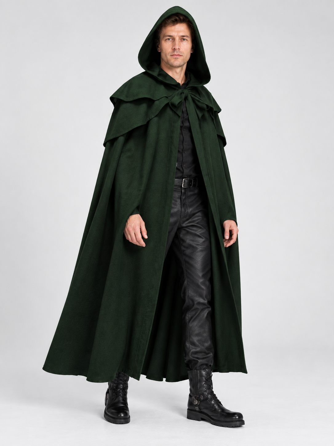Long Loose-Fit Hooded Cloak Cape Dark Green