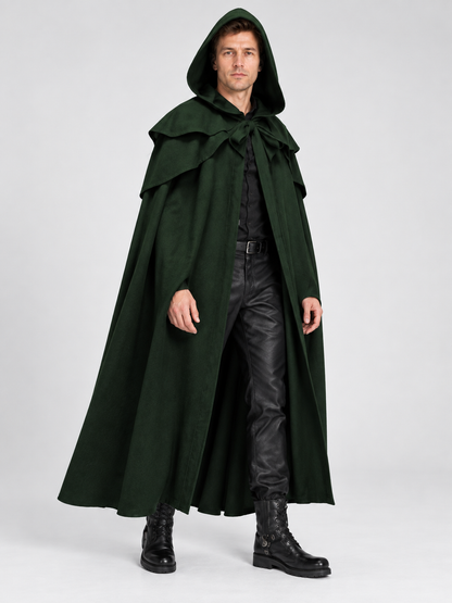 Long Loose-Fit Hooded Cloak Cape Dark Green