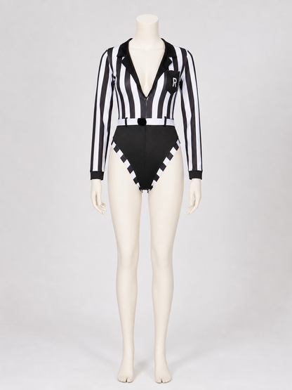 Striped Referee Jumpsuit with Deep V-Neck