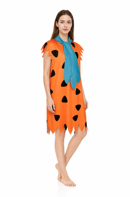 Orange Dress with Black Spots and Blue Accessory on-model front view 5