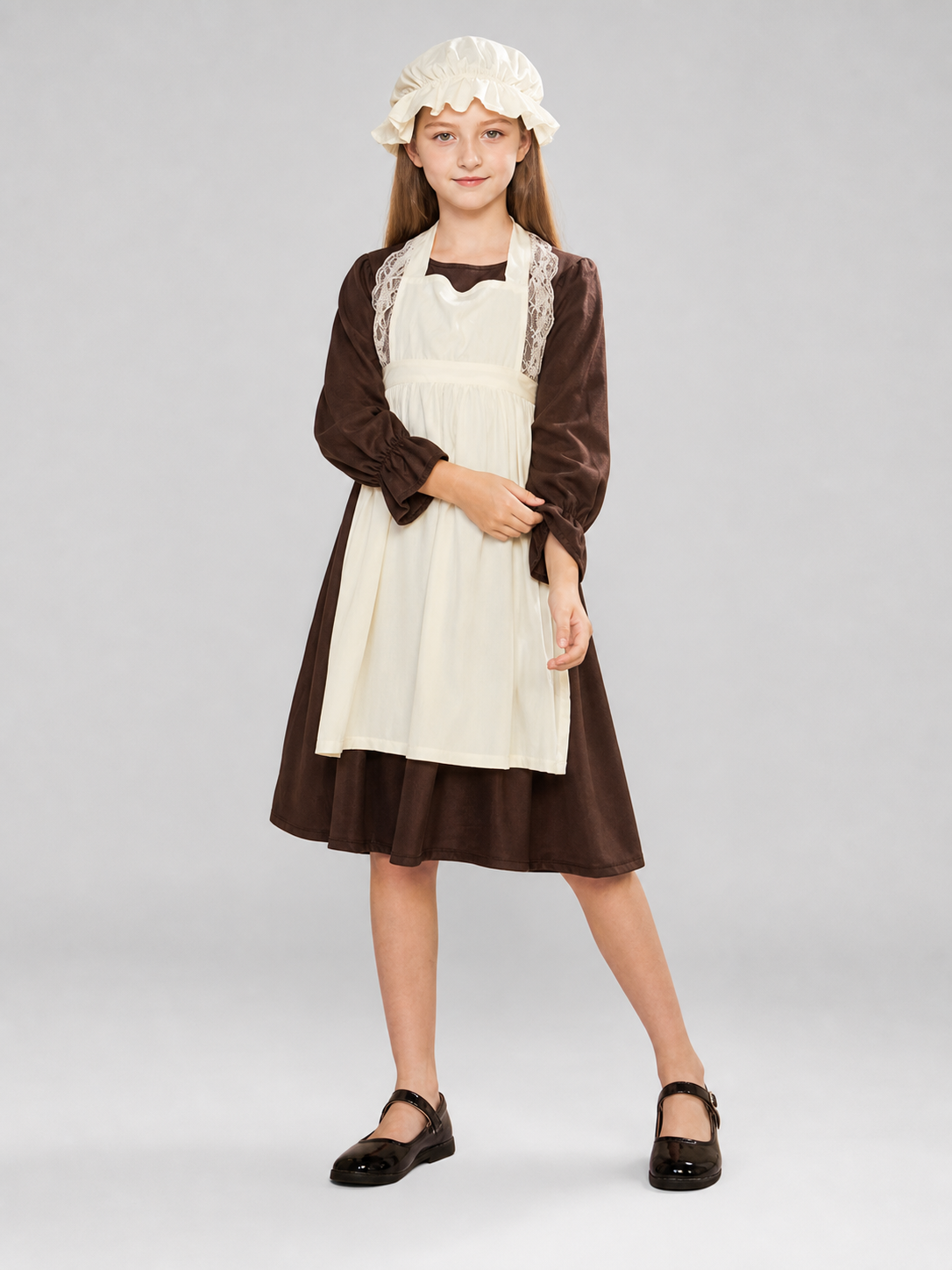 Victorian costume with dress, apron, and bonnet