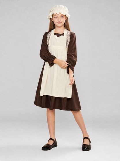 Victorian costume with dress, apron, and bonnet