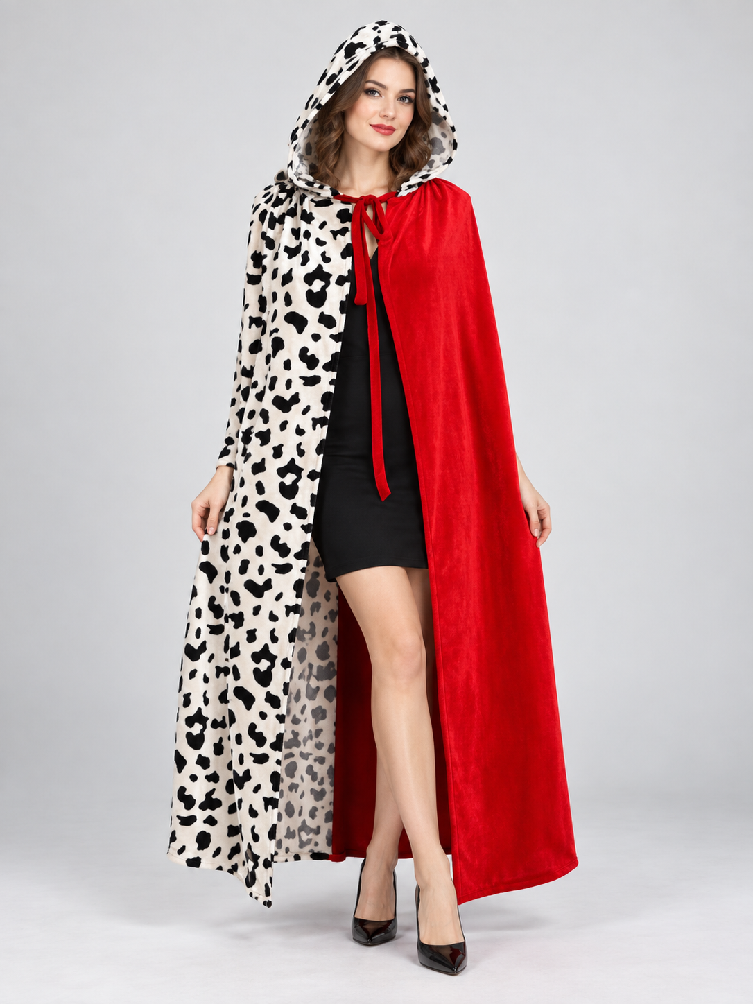 Hooded Cape Cloak, Black-and-White Print, Red Ties