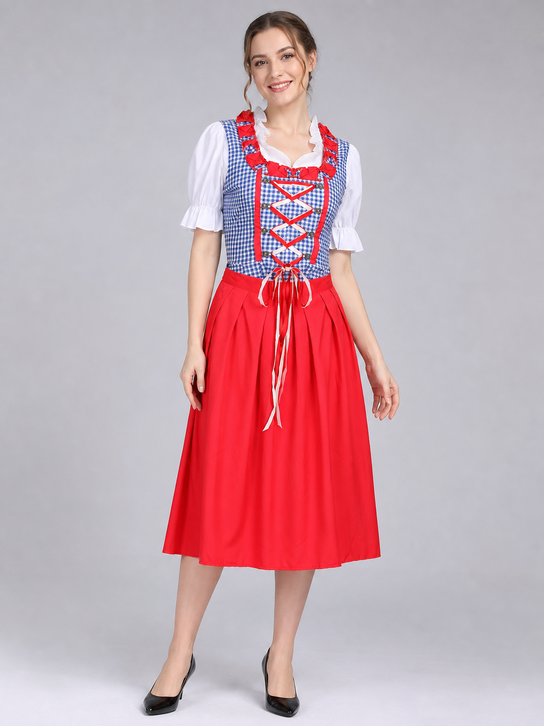 Alpine-Style Dress, Red-and-Blue Plaid