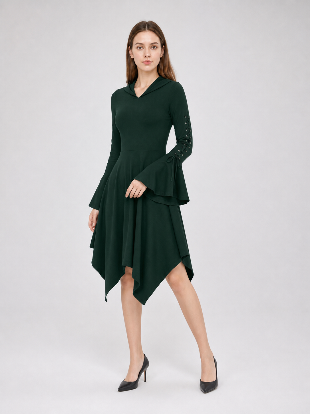 Gothic Hooded Dress with an Asymmetrical Hem