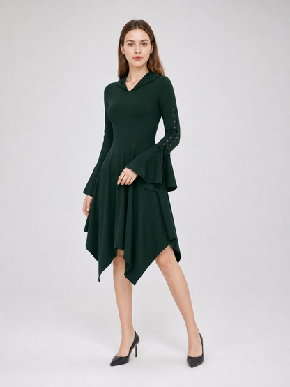 Gothic Hooded Dress with an Asymmetrical Hem