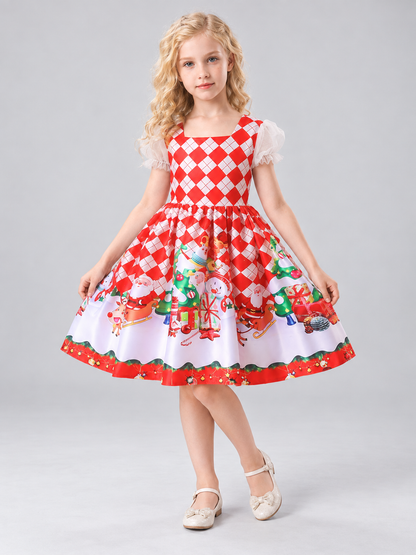 Kids' Holiday Dress Red with Christmas Print