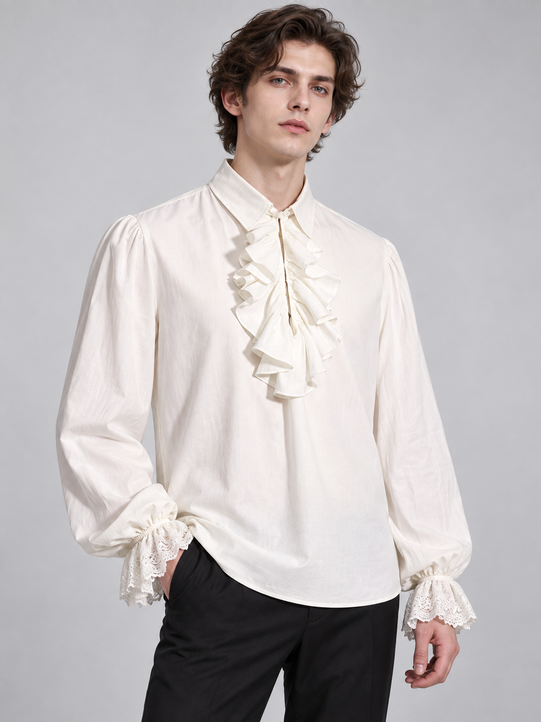 White shirt with a jabot and lace cuffs