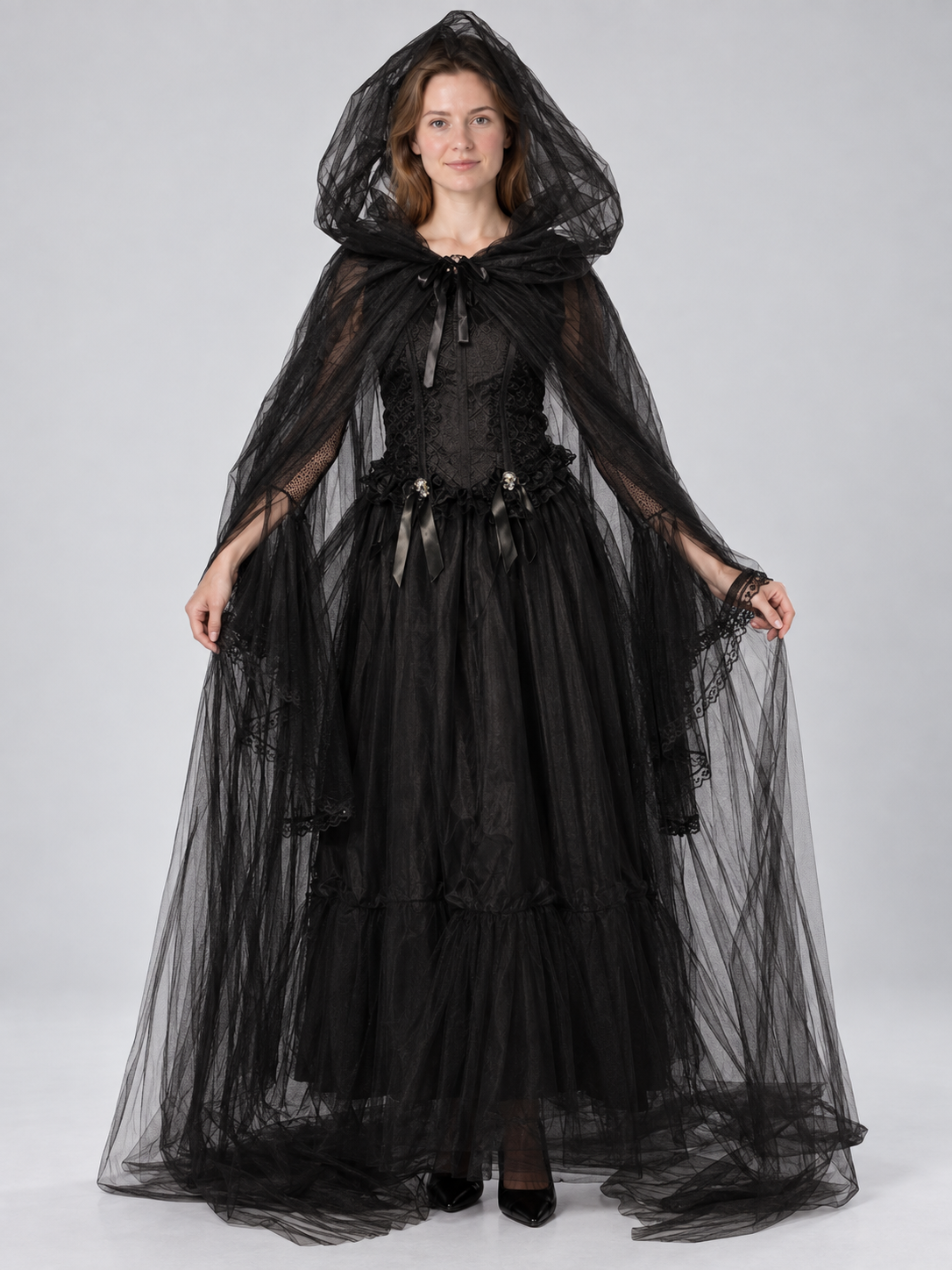 Black Vampire Costume with Veil and Sleeves