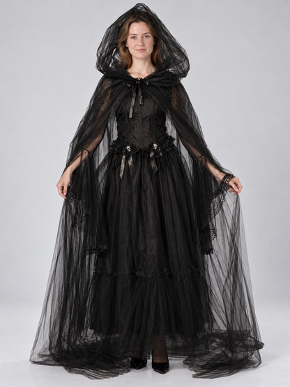 Black Vampire Costume with Veil and Sleeves