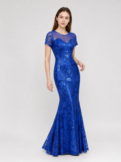 Blue evening dress with floral pattern and sequins