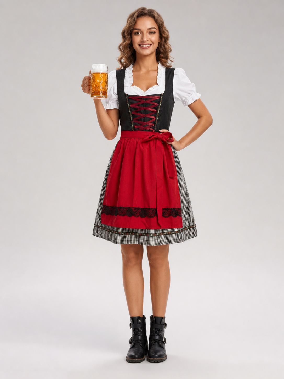 Bavarian Dress with Bodice and Plaid Trim